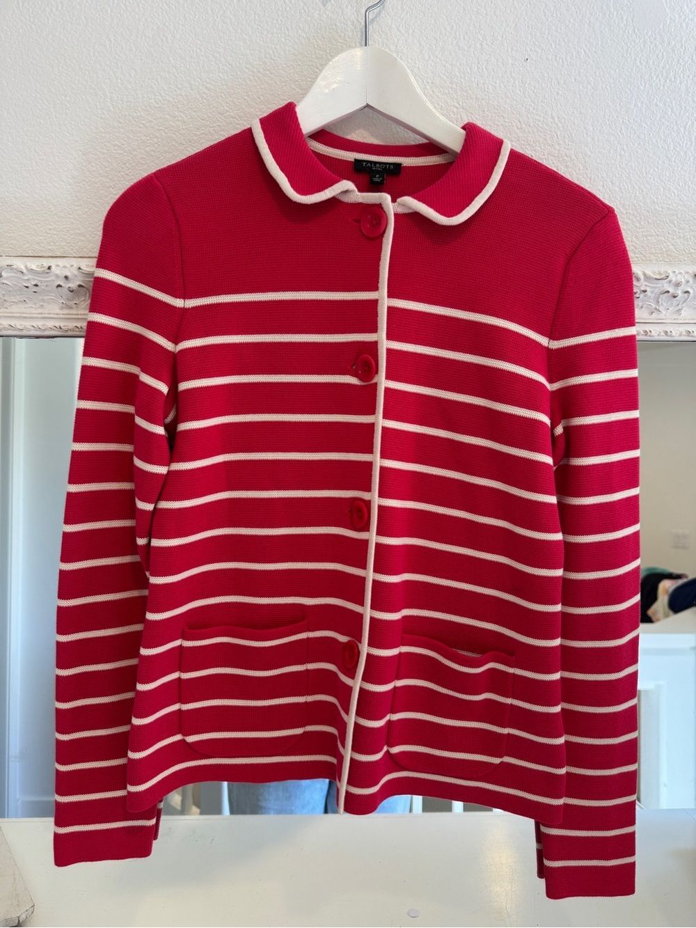Talbots Petite Pink White Striped Knit Cardigan NWT Sweater